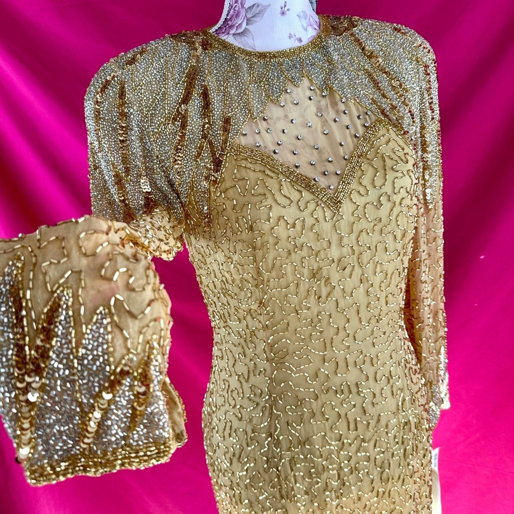 NWT Beaded Sequin Rhinestone Silk Gold Party Midi Dress Oleg Cassini Size 6 Glam